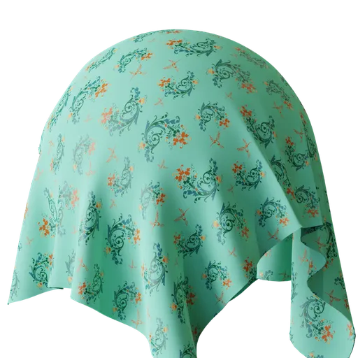 High-resolution PBR fabric material with a seamless hummingbird design for 3D texturing in Blender.