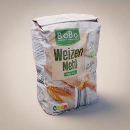 "Get creative with this 3D model of a crumpled flour pack, perfect for kitchen or shelf decoration. Made with Blender 3D software and featuring beautiful brand labels, including erste boden and vweto ii. Add some organic biomass flair to your designs with this impressive bump mapped model."