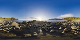 360-degree HDR lighting, serene sunset lighting over pebbled beach for realistic scene rendering.