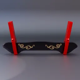 3D modeled sword stand with ornate details, designed in Blender for collectors and enthusiasts.