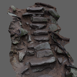 Alt Text: "Rocky Steps on Hiking Trail 2 - 3D Model for Blender 3D: A captivating landscape featuring a stone wall adorned with rocks, winding stairs leading down the trail, and a lush forest backdrop. Inspired by the 16th-century aesthetics of James Pittendrigh MacGillivray, this photo-realistic model showcases rain-soaked mud, crumbling masonry, and intricate rock details. Perfect for enhancing your Blender 3D creations with an early medieval ambiance found in Canadian nature."