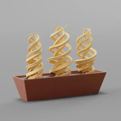 Intricate wooden spiral sculpture 3D model in clay pot, ideal for Blender 3D projects.