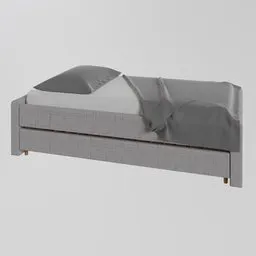 "3D model of a single bed with gray cover and pillow, inspired by Per Kirkeby and rendered in high resolution using Blender 3D. Perfect for your interior scene."