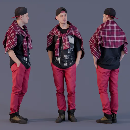 Slender 3D male model in red pants with sneakers and cap, shirt over shoulders, hands in pockets for Blender.
