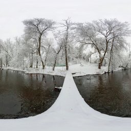 Snow-covered bridge, river