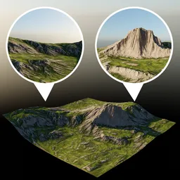 "Realistic rocky grassland landscape created with Blender 3D. This 3D model features an arafed mountain surrounded by a green field, highlighted by a white circle with a white marker. Utilizing raytracing and vignetting techniques, this landscaped terrain exhibits detailed textures and a clear resolution. By Odhise Paskali, renowned for prerendered graphics."