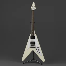 "Classic white Gibson 70s Flying V electric guitar in 3D model format, inspired by Marshall Arisman and military design. Detailed and perfect for vide game or thrash metal renderings. Unused design and Vue render, also featured on Amiami."