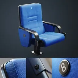 Detailed 3D model of a blue theater chair with number tags for Blender rendering, showcasing texture and design precision.