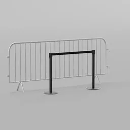 "Cityspace 3D model set featuring a close up of a metal barricade with black and white sign, perfect for security and barrier scenes. Includes two types of ultra-detailed models with wireframes, UV maps, and full metal overlays. Compatible with Blender 3D software."