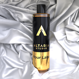 Realistic 3D-rendered product visualization scene with a customizable black and gold bottle on draped satin fabric.