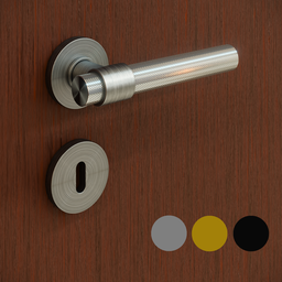 "Door handle and key escutcheon 3D model in grey, gold and black brushed stainless steel for Blender 3D. Perfect for minimalist furniture with wooden walls and brass panels. Includes highly-detailed textures for a realistic look."