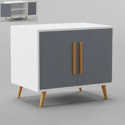 "Stylish Small Storage Cabinet 3D model for Blender. Featuring a white and grey design with a brown handle, inspired by Frederik Vermehren with modern pastel colors. Perfect for storing books, toys, consoles, and more. Created using detailed body and face 3D rendering techniques in 2019."