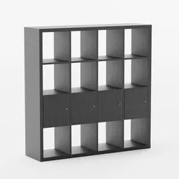 "Kallax Ikea 3D model - versatile shelving solution for any interior and budget. Can be used vertically or horizontally to divide a room, with drawers, shelves, boxes, and inserts to complement. Created with Blender 3D."