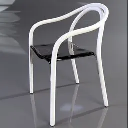"Minimalistic wood-framed "Soul Armchair" with crystal polycarbonate ergonomic seat in a 3D hard surface design. A trendy and innovative furniture piece for non-binary models, inspired by Alexander Archipenko and Harry Beckhoff. Created using Blender 3D software."