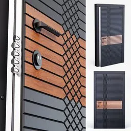 "Metallic and wooden entrance door for Blender 3D: Credo IV model with intricate details, trendy design, and waterproof finish. Featuring a metal handle and wooden panel, this door is a stylish addition to any 3D scene or project."