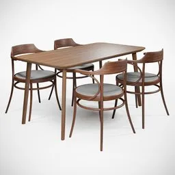 "High poly classic wooden dining set for Blender 3D. This 3D model features a table and chairs set in a mid-century modern style, made with walnut wood. Perfect for realistic scenes and product shots. Available on BlenderKit."