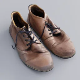 Detailed 3D rendering of worn leather shoes with laces, compatible with Blender, perfect for virtual wardrobe.