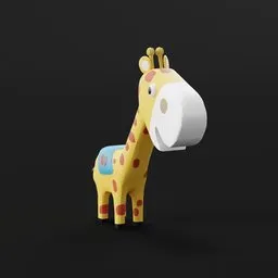 "Cartoon Giraffe lowpoly 3D model for Blender 3D: a cute mammal character holding a toilet paper roll. Inspired by Huang Ding's rubber hose animation style, this model is perfect for creating captivating and enjoyable animations. Bring your imagination to life with this versatile asset featuring a pinocchio nose, milk cubes, and a donut in a mug shot-style portrait."