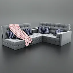 "3D model of a velvet couch with adjustable color variation, including pillows and blanket, rendered with V-Ray engine in Blender 3D. Created by Johan Lundbye, this photorealistic and detailed model is perfect for architectural visualization and virtual photography projects."