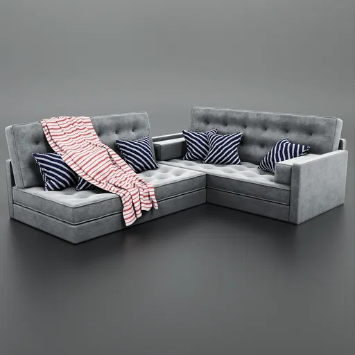 Realistic 3D model of a modern velvet L-shaped sofa with stylish pillows and a knitted blanket, optimized for Blender rendering.