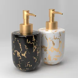 "Modern black and gold marbled soap bottles - a stunning addition to any bathroom. Japanese collection from Irene and Laurette Patten, rendered with exquisite detail in Blender 3D software."