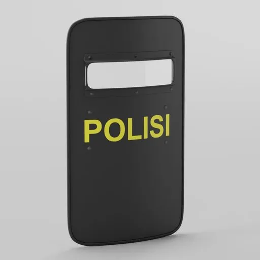 Detailed 3D model of a black police riot shield with "POLISI" text, rendered in Blender.