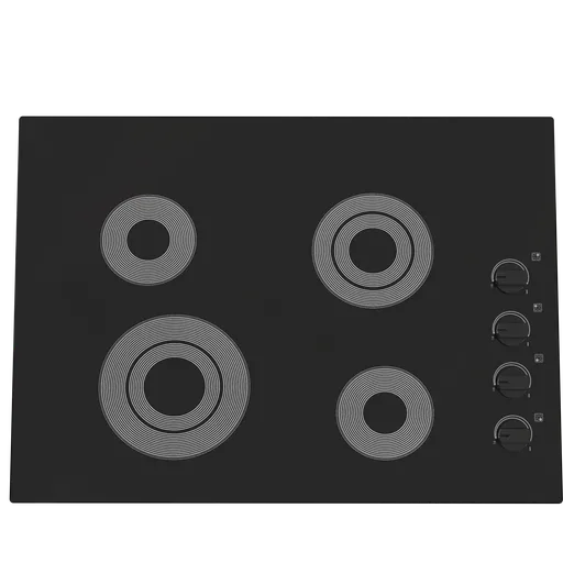 Realistic 3D model of an electric cooktop, high-detail Blender 3D render, cycles format with knobs, centimeters scale.
