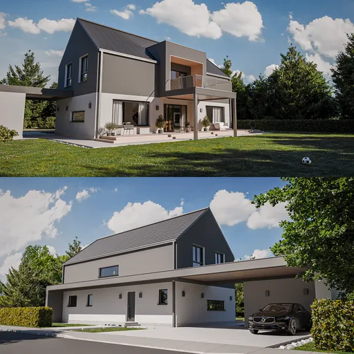 Detailed 3D-rendered modern house with exterior and interior, perfect for architectural visualization.