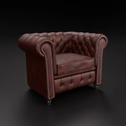 Elegant 3D modeled Chesterfield armchair with detailed leather texture and craftsmanship, perfect for interior renders in Blender.