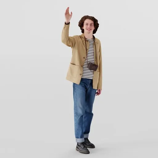 3D young smiling male model with camera, waving hand, curly hair, striped shirt, beige jacket, and jeans.