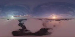 360-degree HDRI of a cloud-covered alien landscape with two suns in a purple sky.