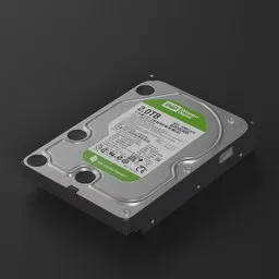 "3D model of an old Western Digital hard drive, ideal for hardware component designs. Rendered with V-ray in Blender 3D software, the green body and round-cropped design provide intricate detail. Perfect for product design and large array projects."