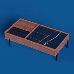 "Wooden coffee table with marble top, drawer, and modern design. 3D model created with Blender 3D software. Similar to Peugeot Onyx, trending on ArtStation, and by Jacques Daret."