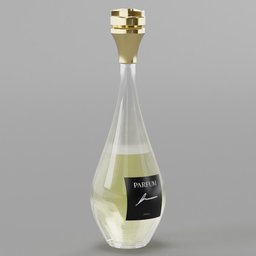 "Golden-capped perfume bottle with label, inspired by acclaimed artists including Pablo Carpio and Bjarke Ingels. 3D image created in Blender 3D, featuring intricate design details and unused concept by François Barraud. Perfect for artistic and high-end product visualization projects."
