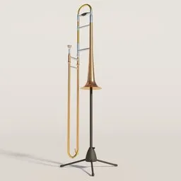 "Hyperrealistic 3D model of a metal trombone and stand, inspired by Johann Caspar Füssli and Elias Goldberg. Created in Blender 3D software for a bass instrument section model, perfect for use in music education and design projects."