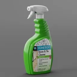 Realistic 3D spray bottle model with detailed label, designed in Blender, perfect for cleaning product visualizations.