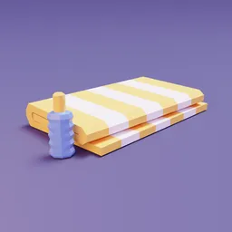 3D Blender asset of a striped low-poly towel and sunscreen bottle for game environments.