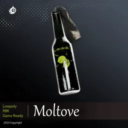"Game-ready Molotov cocktail 3D model with PBR textures, perfect for Blender 3D. Featuring a bottle with a lime, black bandana mask and a cultivator, isolated against a dark background. Ideal for equipment and weapon-related projects."