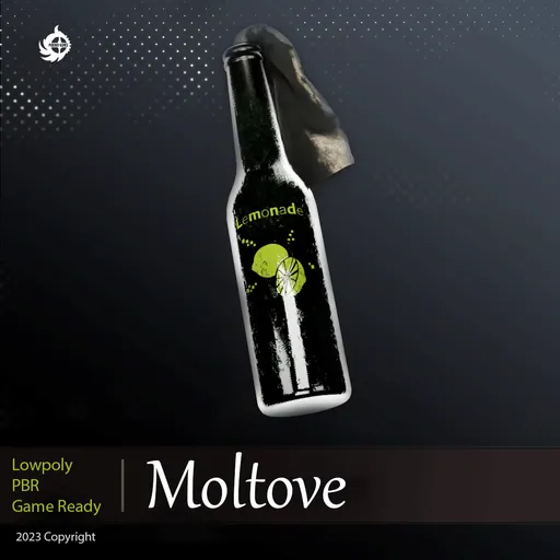 Detailed 3D model of a Molotov cocktail with PBR textures, perfect for Blender 3D projects and game assets.