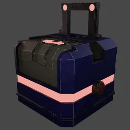 "Industrial container 3D model for Blender 3D, featuring a unique and detailed Sci-Fi Box design with a blue suitcase and pink stripe, designed for various storage needs. Adorned with high-quality texture and glow lighting, perfect for hard surface concept art and sci-fi themed projects."