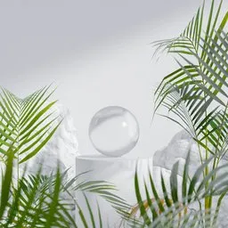 3D-rendered minimalist scene with a spherical object on podium, tropical foliage, and textured backdrop.