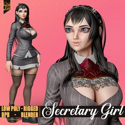 3D model of a fully rigged female character named 'Secretary girl' by freelance artist Seyed Mojtaba Hashemi, suitable for Blender animations and game development with a clean topology and realistic render.