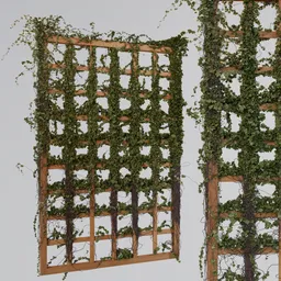 Detailed wooden lattice 3D model entwined with ivy leaves, compatible with Blender for architectural designs.