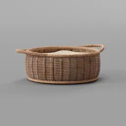 "3D model of a wicker basket with handle, ideal for enhancing your medieval-themed scenes. Designed in Blender 3D software, this intricately crafted piece is suitable for fruit and vegetable displays. Enhance your Blender 3D experience with this versatile and visually appealing model."