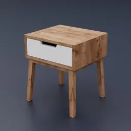 "Unfinished wooden bedside table with a small drawer, designed with angular edges and standing on slim legs. This 3D model is perfect for use in a Blender 3D architectural project and is built by Toyen. View the untextured, all-white render on the sales website."