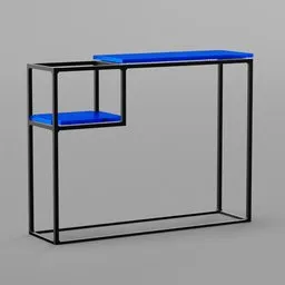 "Industrial sideboard with glass shelves, designed with sleek and flowing shapes reminiscent of Kazimir Malevich's artwork. This 3D model was made using Blender software and is perfect for designing modern hall spaces."