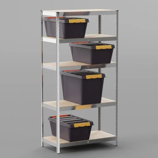 Steel shelves with boxes
