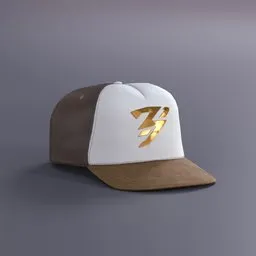 "Low poly 3D model of a baseball cap with lightning bolt design, textured in 4k for Blender 3D. Featured on Z Brush, this cap features a unique gradient white to gold and a mocha swirl color scheme. Perfect for clothing and accessories designers looking to add a touch of Fortnite-style to their projects."