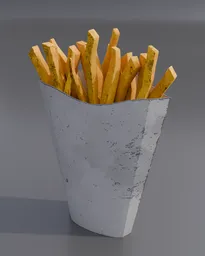 Realistic 3D model of golden French Fries in a textured pouch, high-quality materials, Blender render-ready.