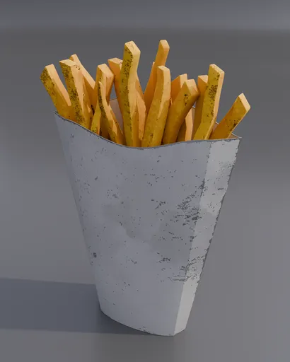 Realistic 3D model of golden French Fries in a textured pouch, high-quality materials, Blender render-ready.